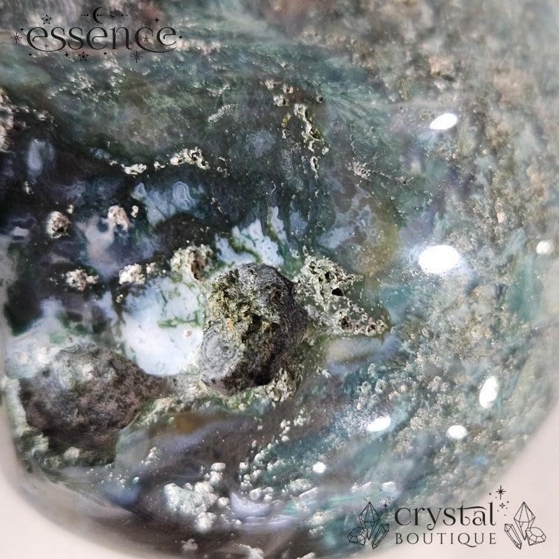 Moss Agate With Pyrite Skull