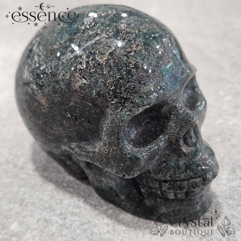 Moss Agate With Pyrite Skull