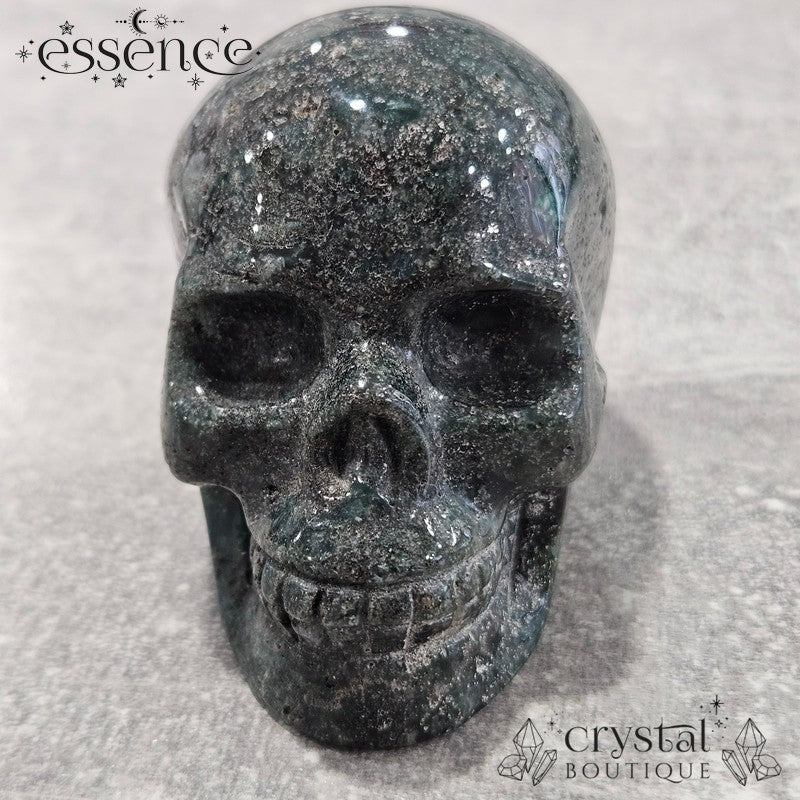 Moss Agate With Pyrite Skull