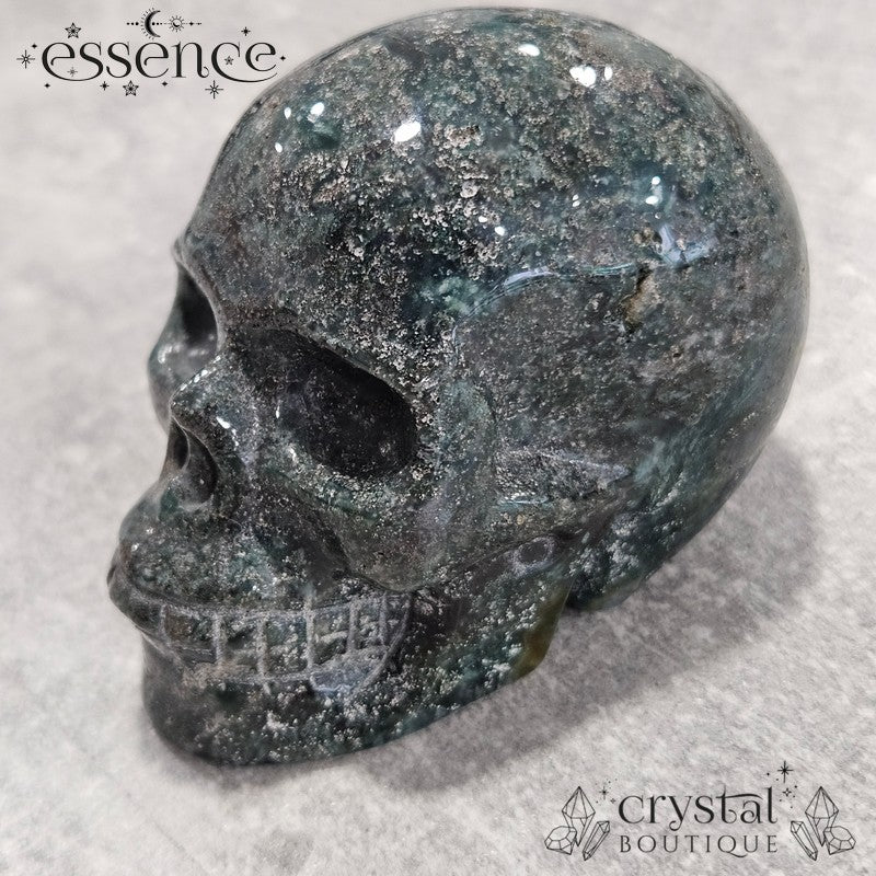 Moss Agate With Pyrite Skull