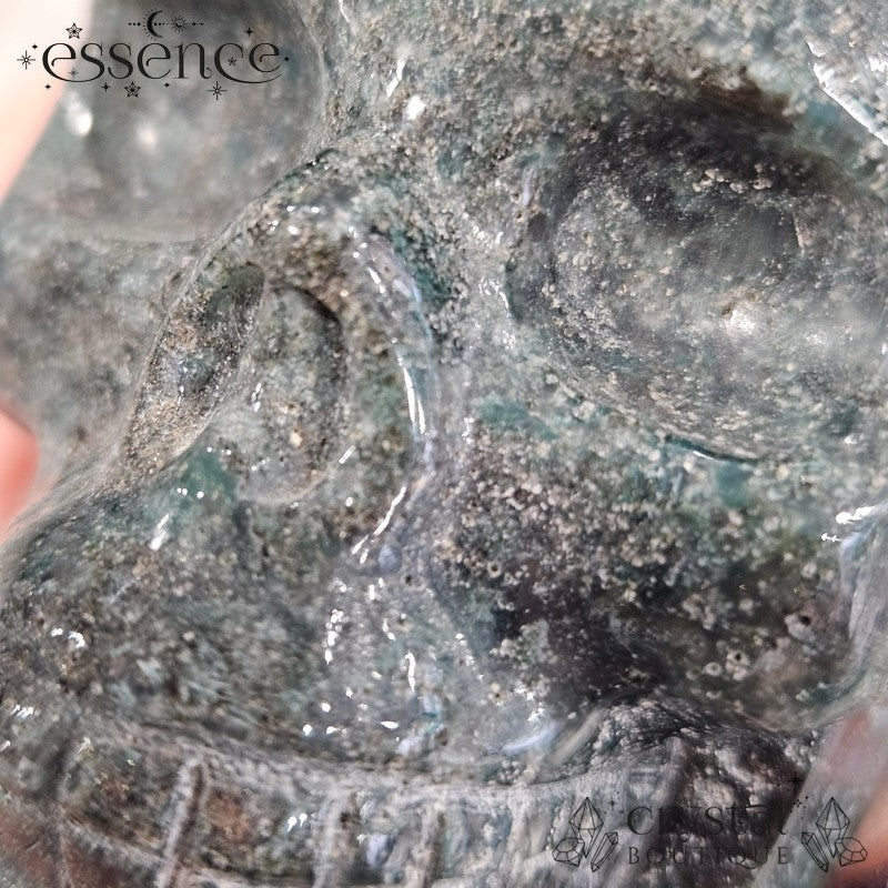 Moss Agate With Pyrite Skull