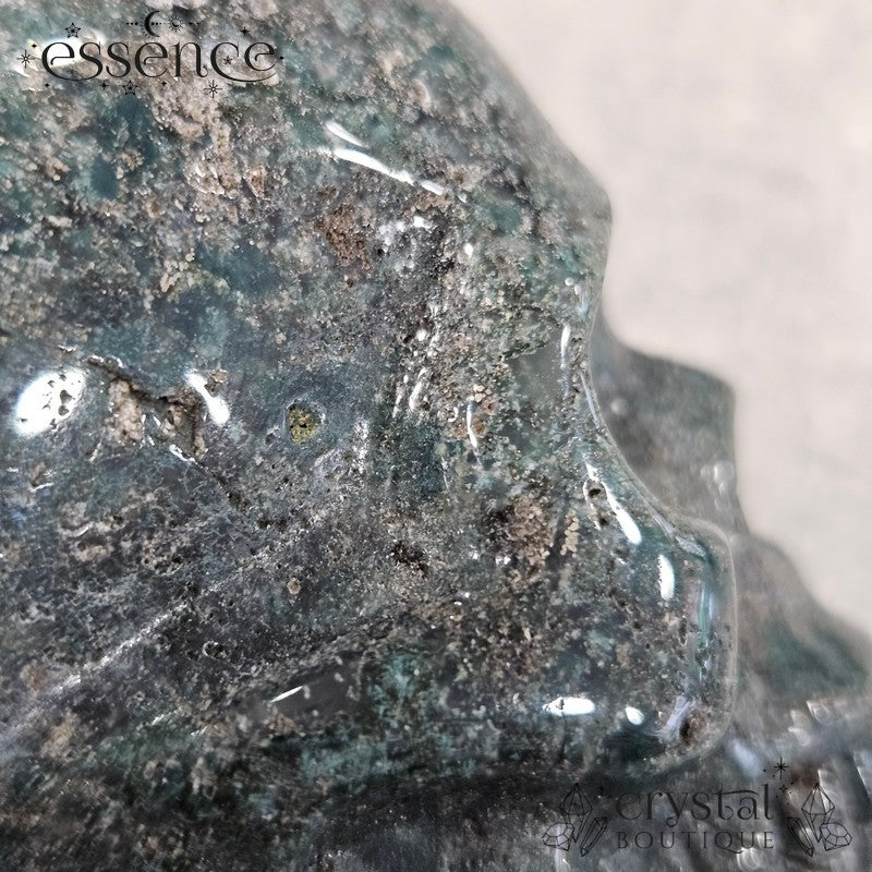Moss Agate With Pyrite Skull