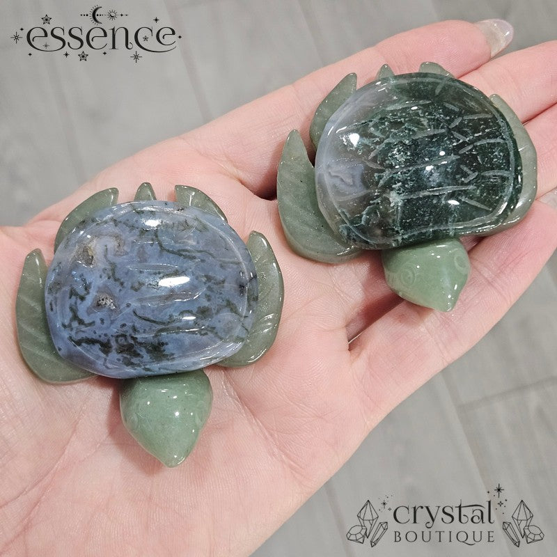 Green Aventurine Turtles with Moss Agate Shells