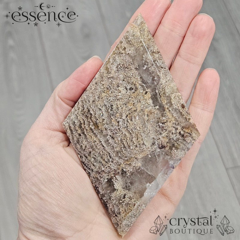 Thousand Layer Quartz Polished Freeforms on stand