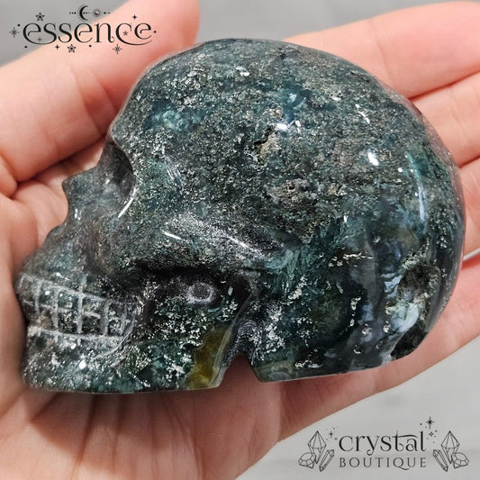 Moss Agate With Pyrite Skull