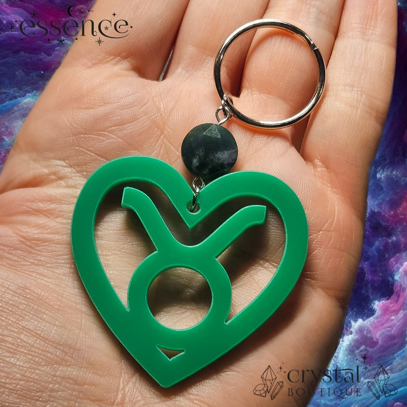 Taurus Heart Key Chain with Moss agate Bead