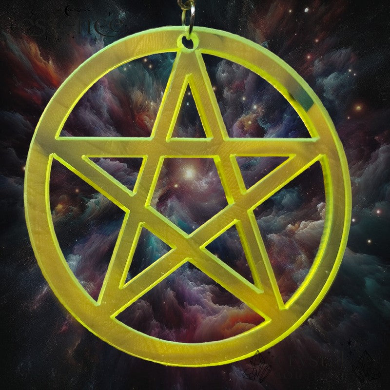 Neon Yellow/Green Pentagram Keychain with Black Onyx Faceted Bead