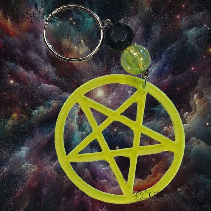 Neon Yellow/Green Pentagram Keychain with Black Onyx Faceted Bead