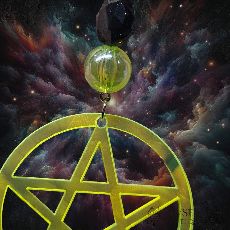 Neon Yellow/Green Pentagram Keychain with Black Onyx Faceted Bead