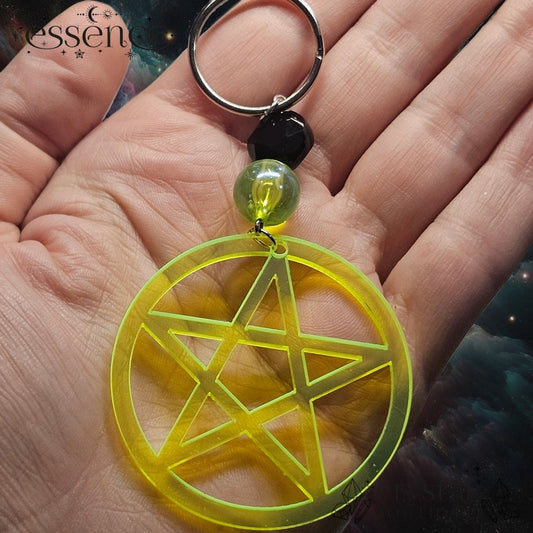 Neon Yellow/Green Pentagram Keychain with Black Onyx Faceted Bead