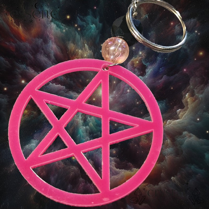 Hot Pink Pentagram Keychain with black Onyx Bead