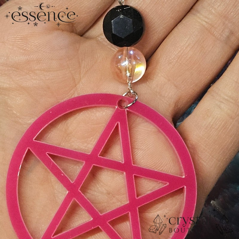 Hot Pink Pentagram Keychain with black Onyx Bead