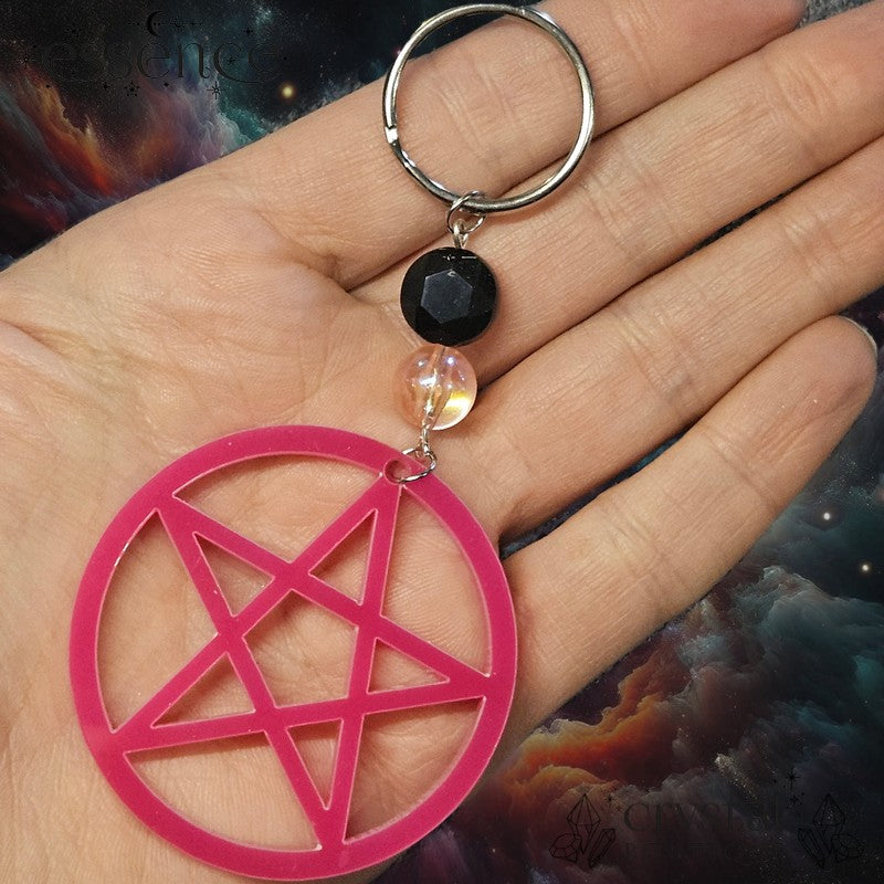 Hot Pink Pentagram Keychain with black Onyx Bead