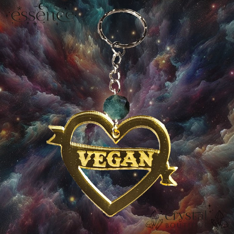 Gold Mirror Acrylic Vegan Heart Keychain with Moss Agate Bead