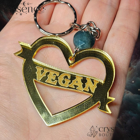 Gold Mirror Acrylic Vegan Heart Keychain with Moss Agate Bead