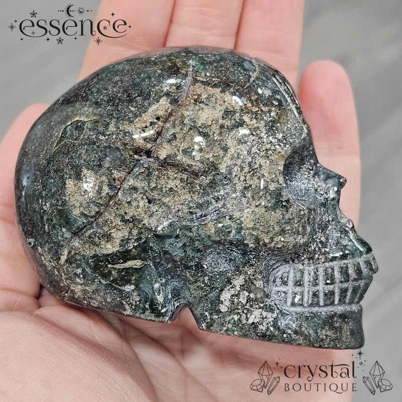 Moss Agate With Pyrite Inclusions Skull