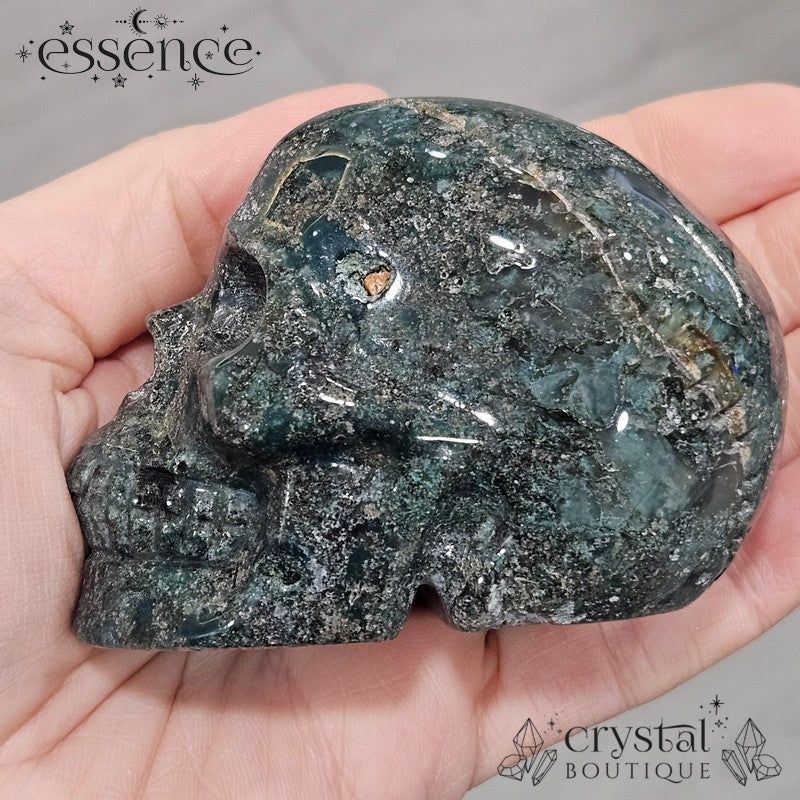 Moss Agate With Pyrite Inclusions Skull