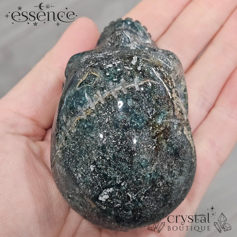 Moss Agate With Pyrite Inclusions Skull