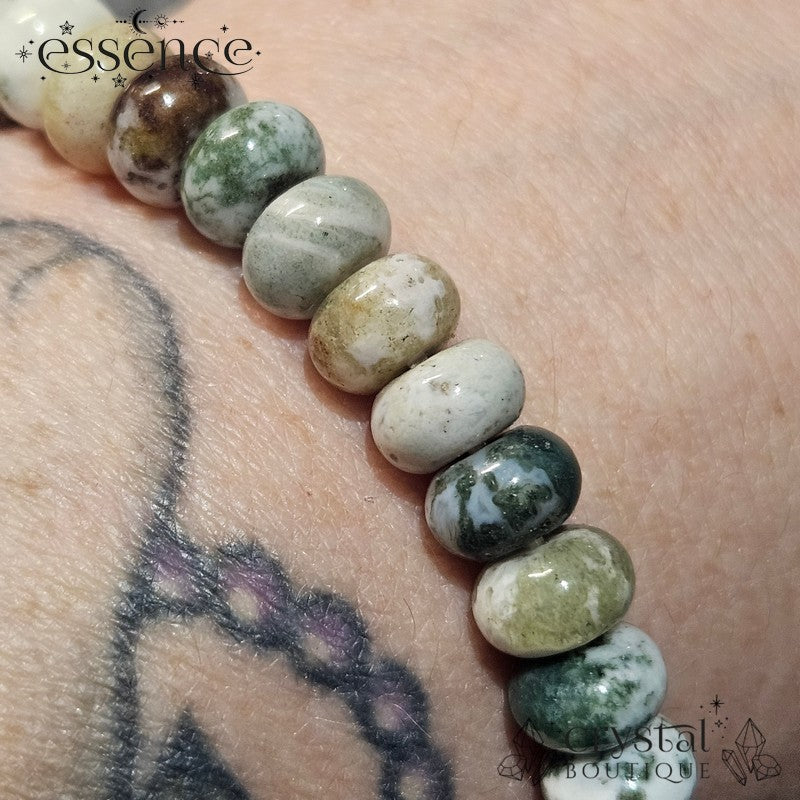 Moss Agate Barrel Bead Bracelet