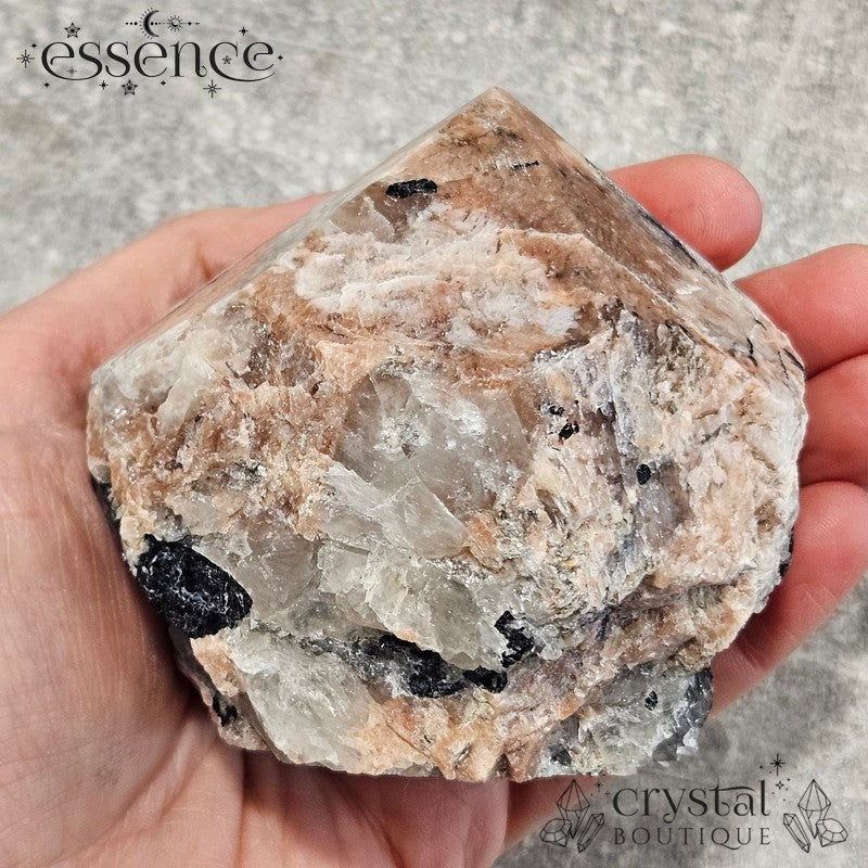 Peach Moonstone Cut Base with Black Tourmaline, Clear Quartz & Smoky Quartz – 454g