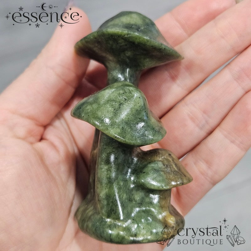 Serpentine Triple Mushroom Carving 🍄 – Earthy Magic in Your Palm!