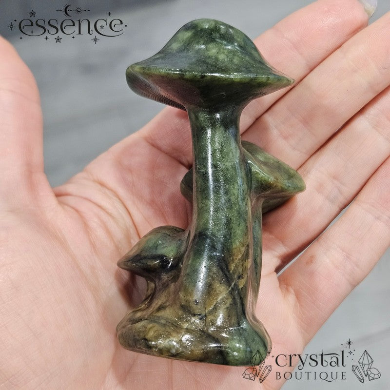Serpentine Triple Mushroom Carving 🍄 – Earthy Magic in Your Palm!
