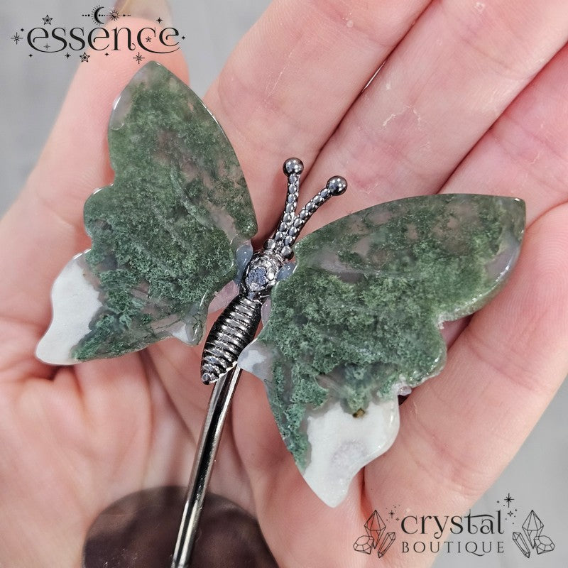 Moss Agate Butterfly on a stand