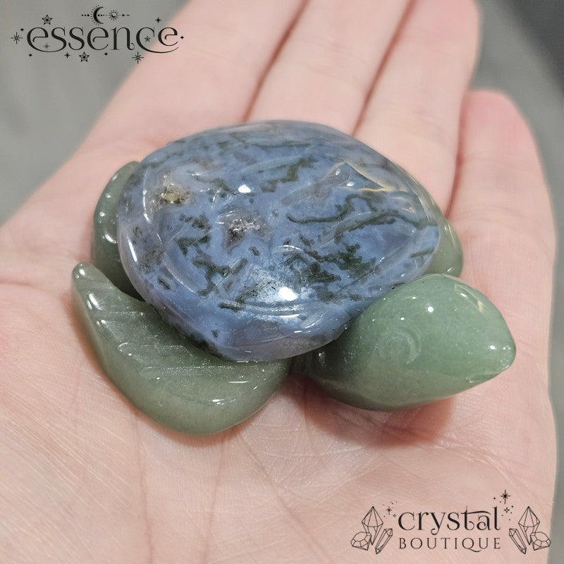 Green Aventurine Turtles with Moss Agate Shells