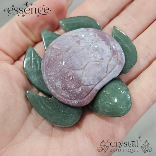 Green Aventurine Turtle with Pink Ocean Jasper Shell