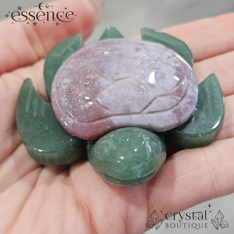 Green Aventurine Turtle with Pink Ocean Jasper Shell