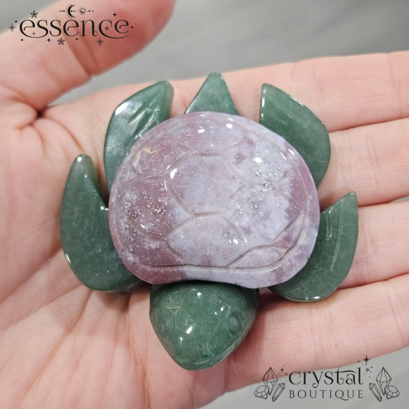 Green Aventurine Turtle with Pink Ocean Jasper Shell