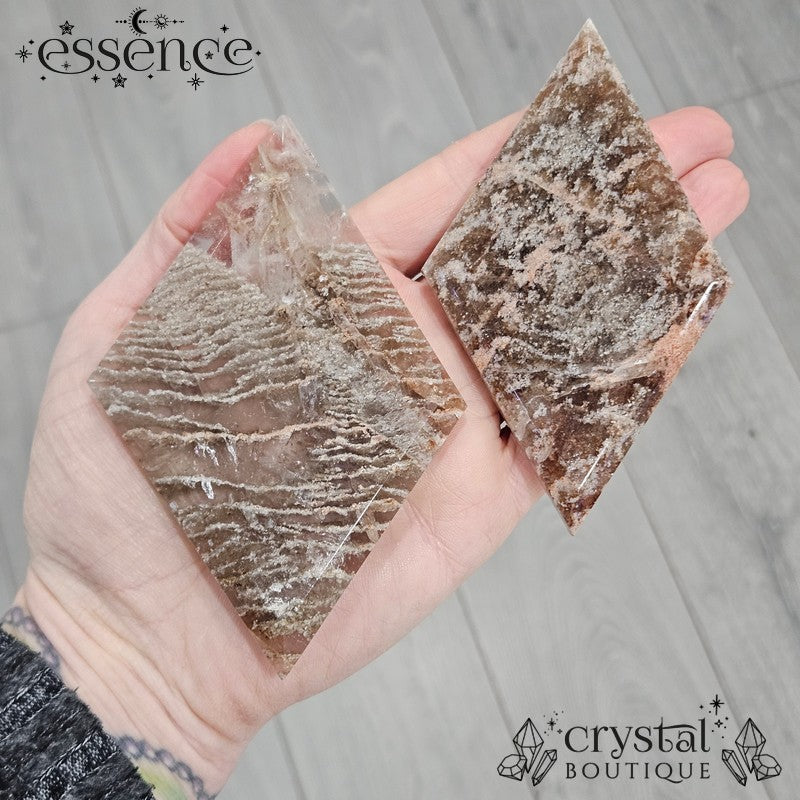 Thousand Layer Quartz Polished Freeforms on stand