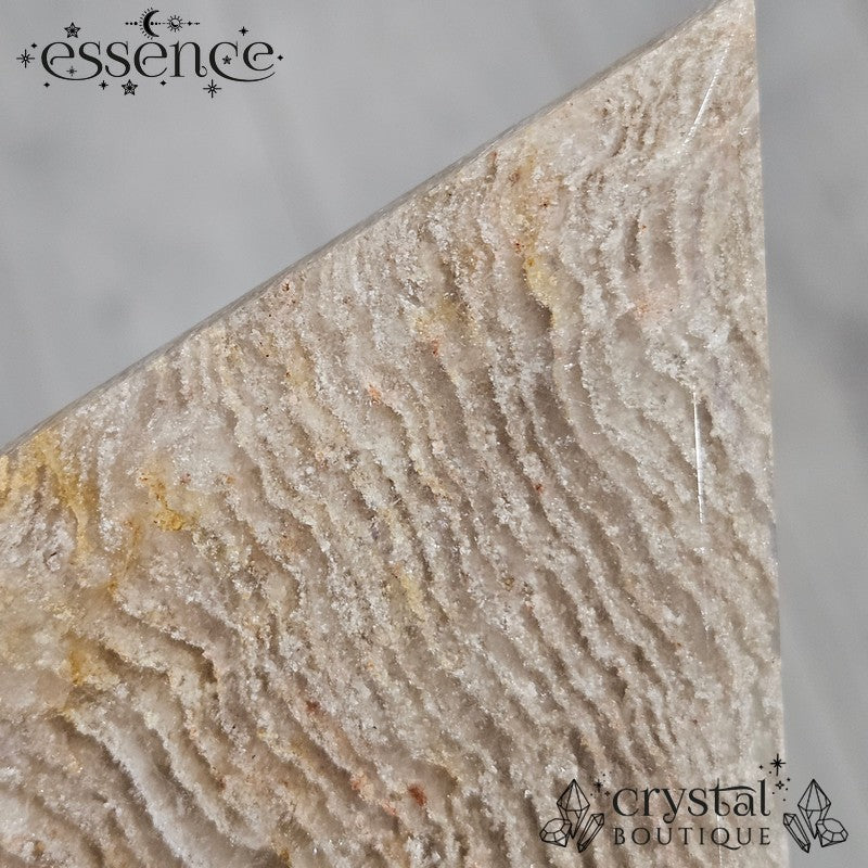 Thousand Layer Quartz Polished Freeforms on stand