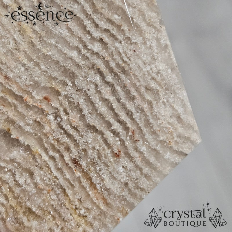 Thousand Layer Quartz Polished Freeforms on stand