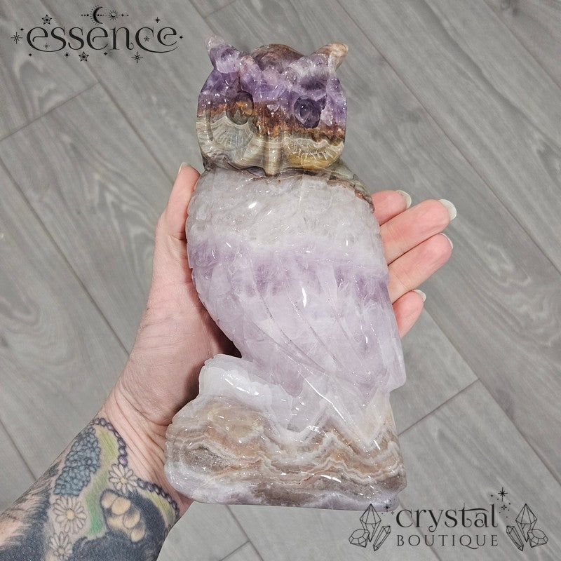 Amethyst, Quartz & Banded Agate Owl Carving