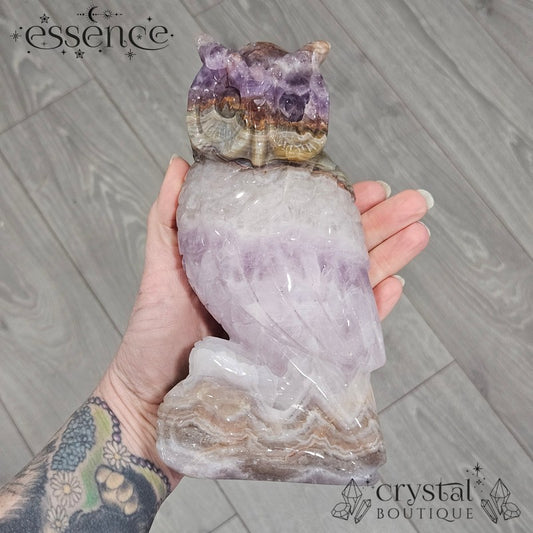 Amethyst, Quartz & Banded Agate Owl Carving