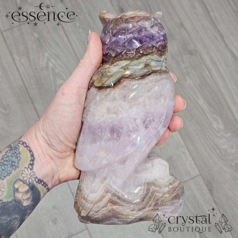Amethyst, Quartz & Banded Agate Owl Carving