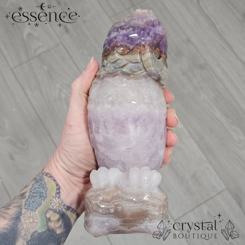 Amethyst, Quartz & Banded Agate Owl Carving
