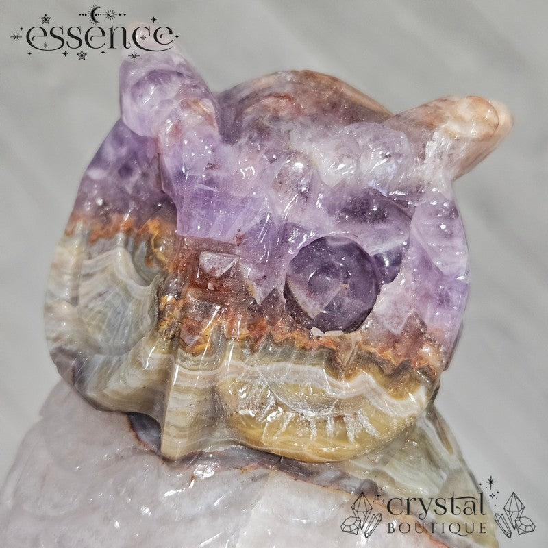 Amethyst, Quartz & Banded Agate Owl Carving