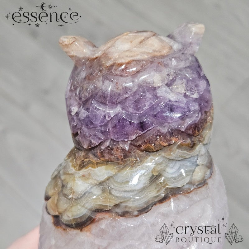 Amethyst, Quartz & Banded Agate Owl Carving