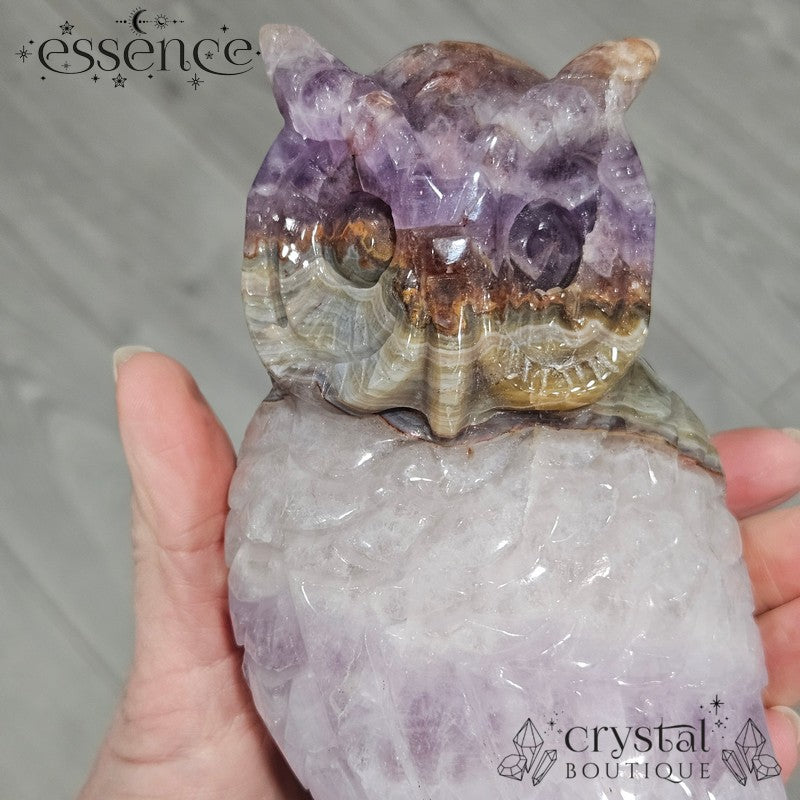 Amethyst, Quartz & Banded Agate Owl Carving