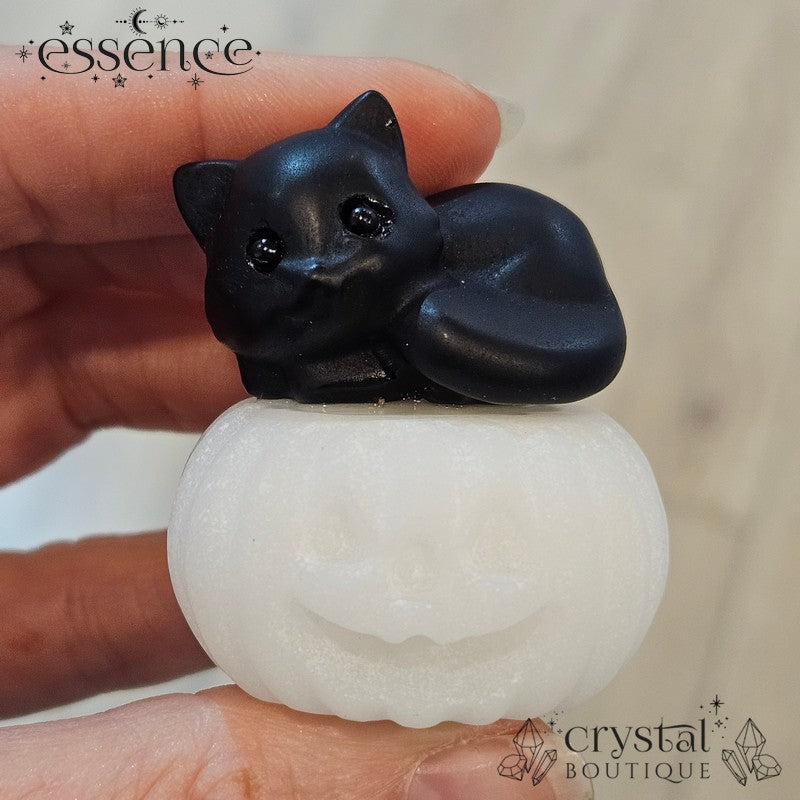 Black Obsidian Cat on White Aventurine Pumpkin