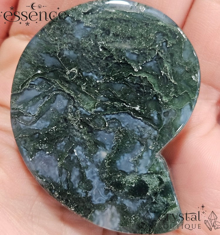 Moss Agate Ammonite Carving – 52g - Stone of Abundance