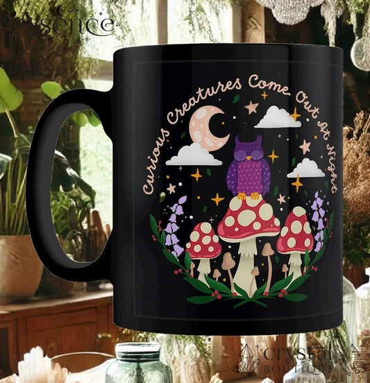 Black Ceramic Mug - "Curious Creatures Come Out at Night"