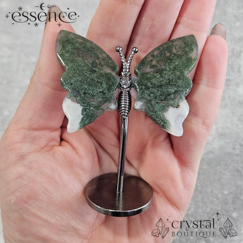 Moss Agate Butterfly on a stand