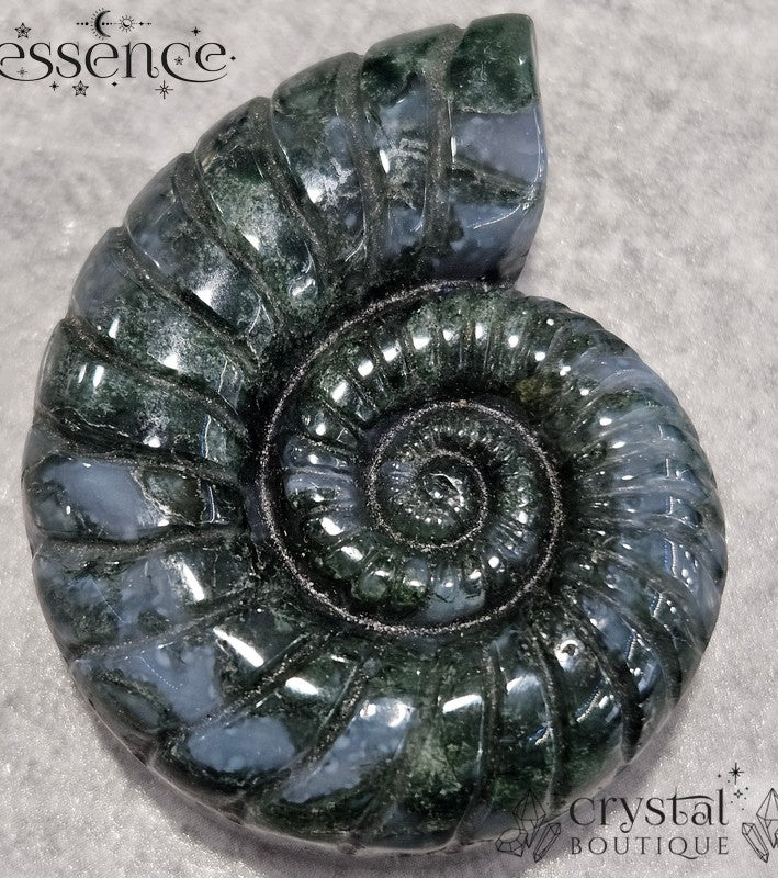 Moss Agate Ammonite Carving – 52g - Stone of Abundance