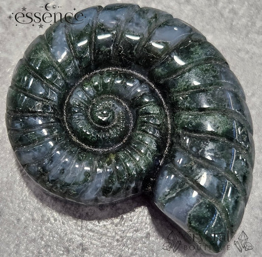 Moss Agate Ammonite Carving – 52g - Stone of Abundance