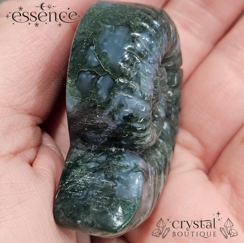 Moss Agate Ammonite Carving – 52g - Stone of Abundance