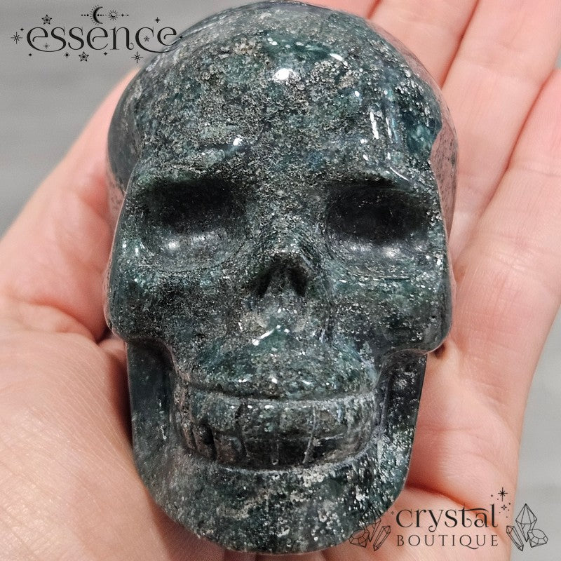 Moss Agate With Pyrite Skull